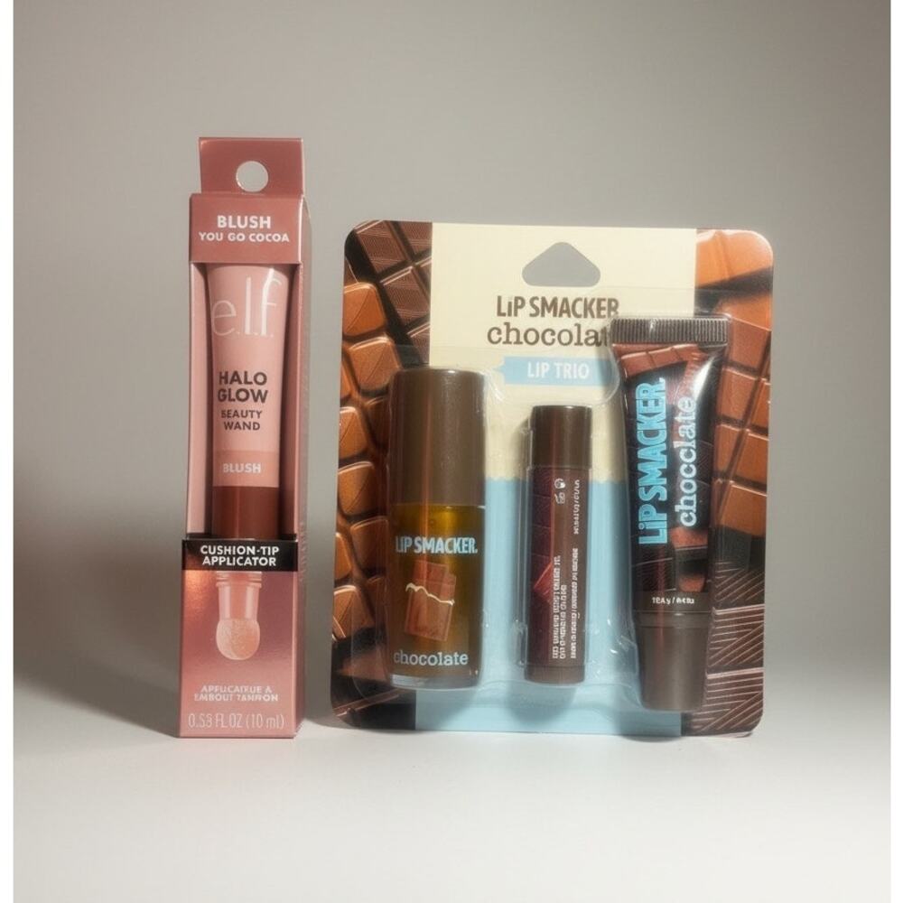 Chocolate Beauty Bundle-Elf You Go Cocoa Blush, Lip Smacker Lip Trio NWT